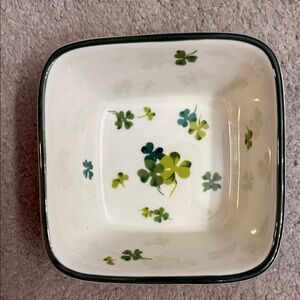 Longaberger Square Ceramic small Bowl with Green Shamrock Pattern